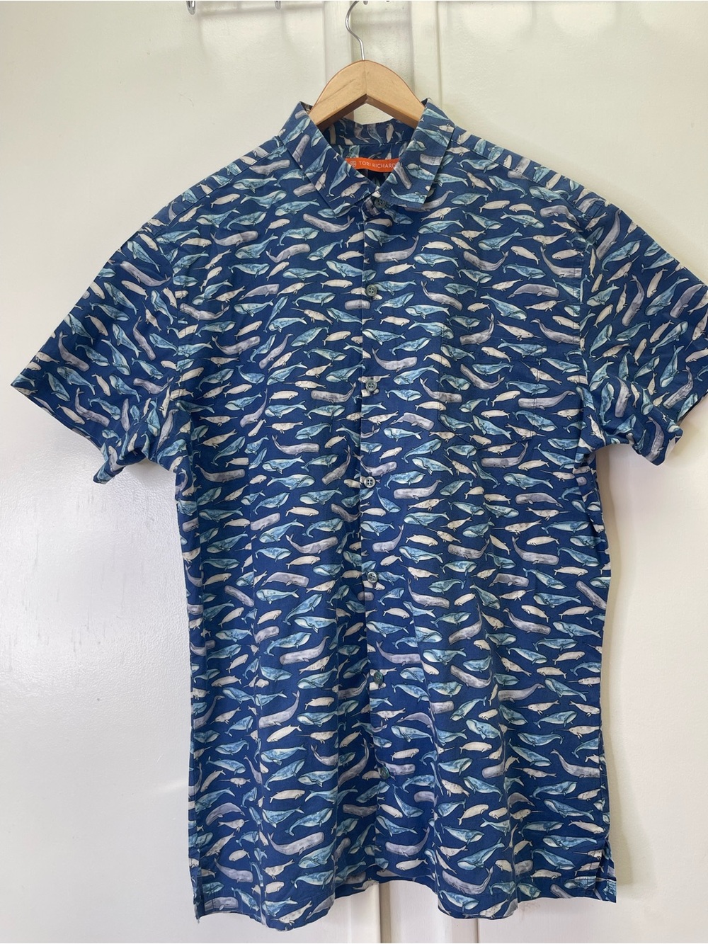 Tori Richard Whale Season Blue Cotton Lawn Hawaiian Aloha Button Shirt Mens L